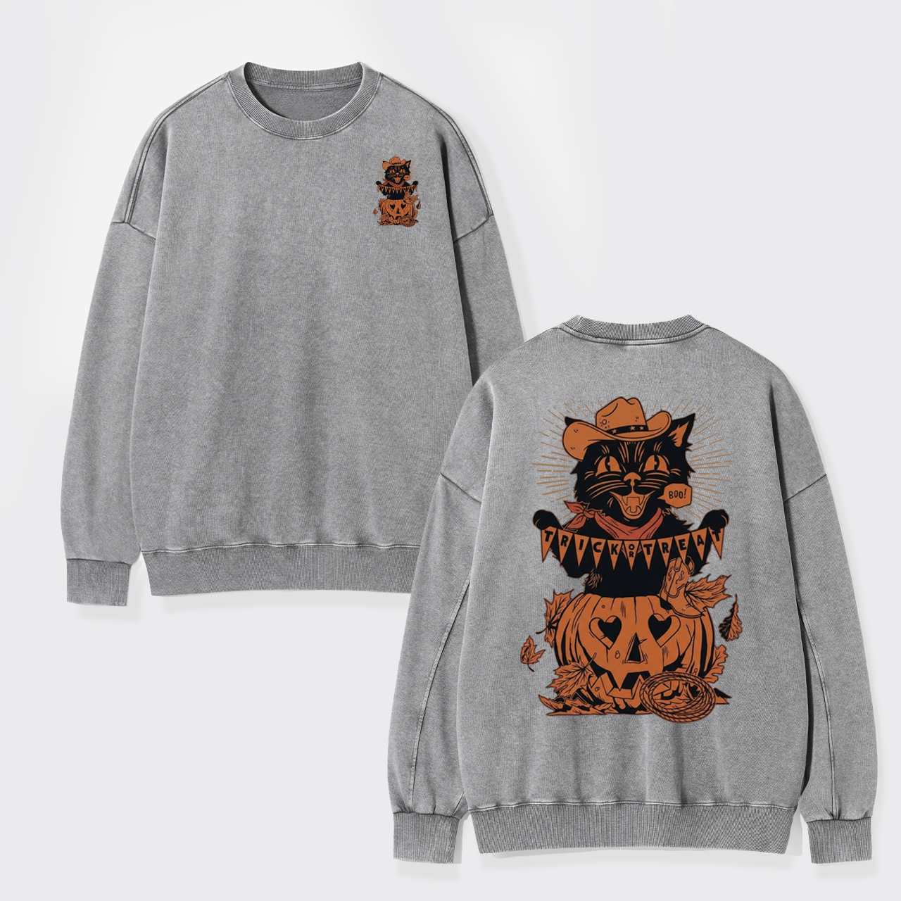 Trick Or Treat Halloween Black Cat Washed Sweatshirts