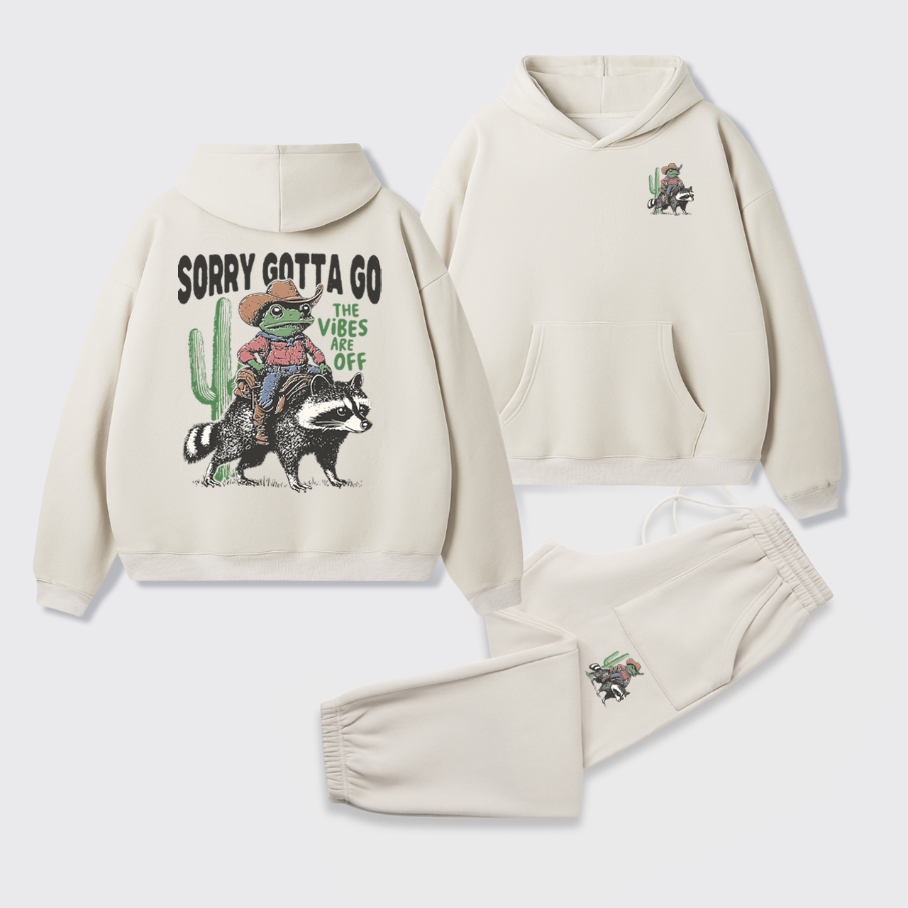 Cowboy Frog Riding Raccoon Hoodie Set