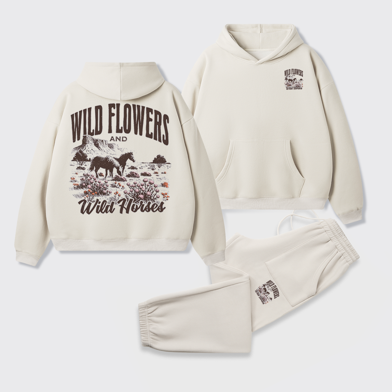 Retro Western Wildflower Wild Horses Fleece Hoodie Set