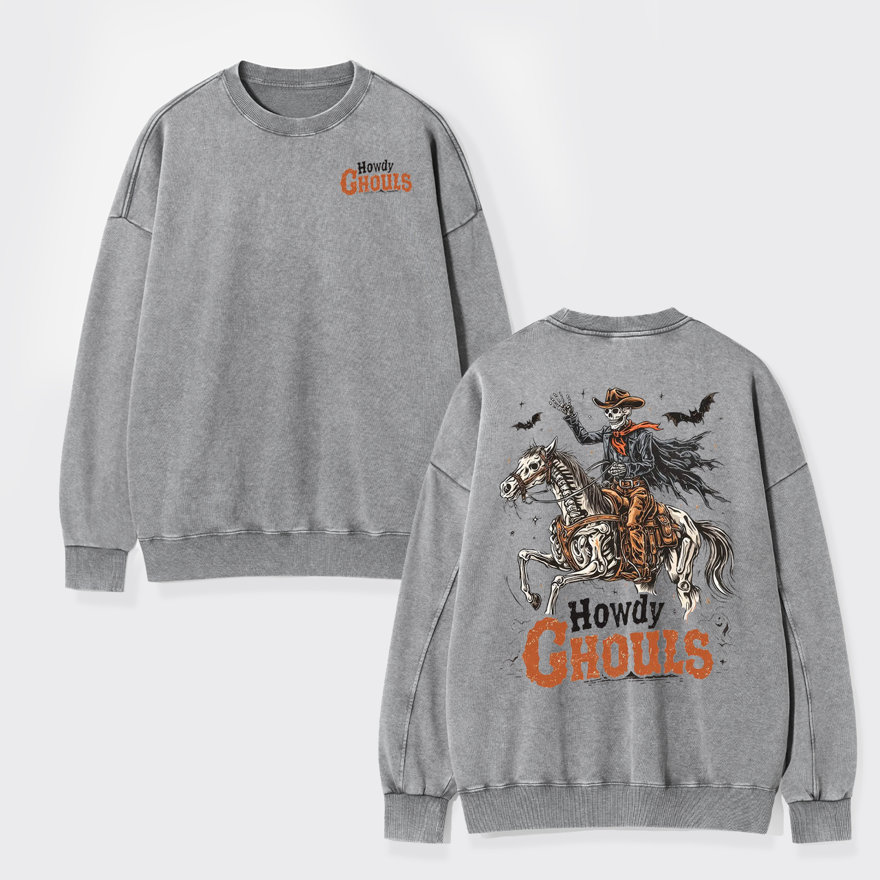 Howdy Ghouls Halloween Cowboy Skeleton Washed Sweatshirts