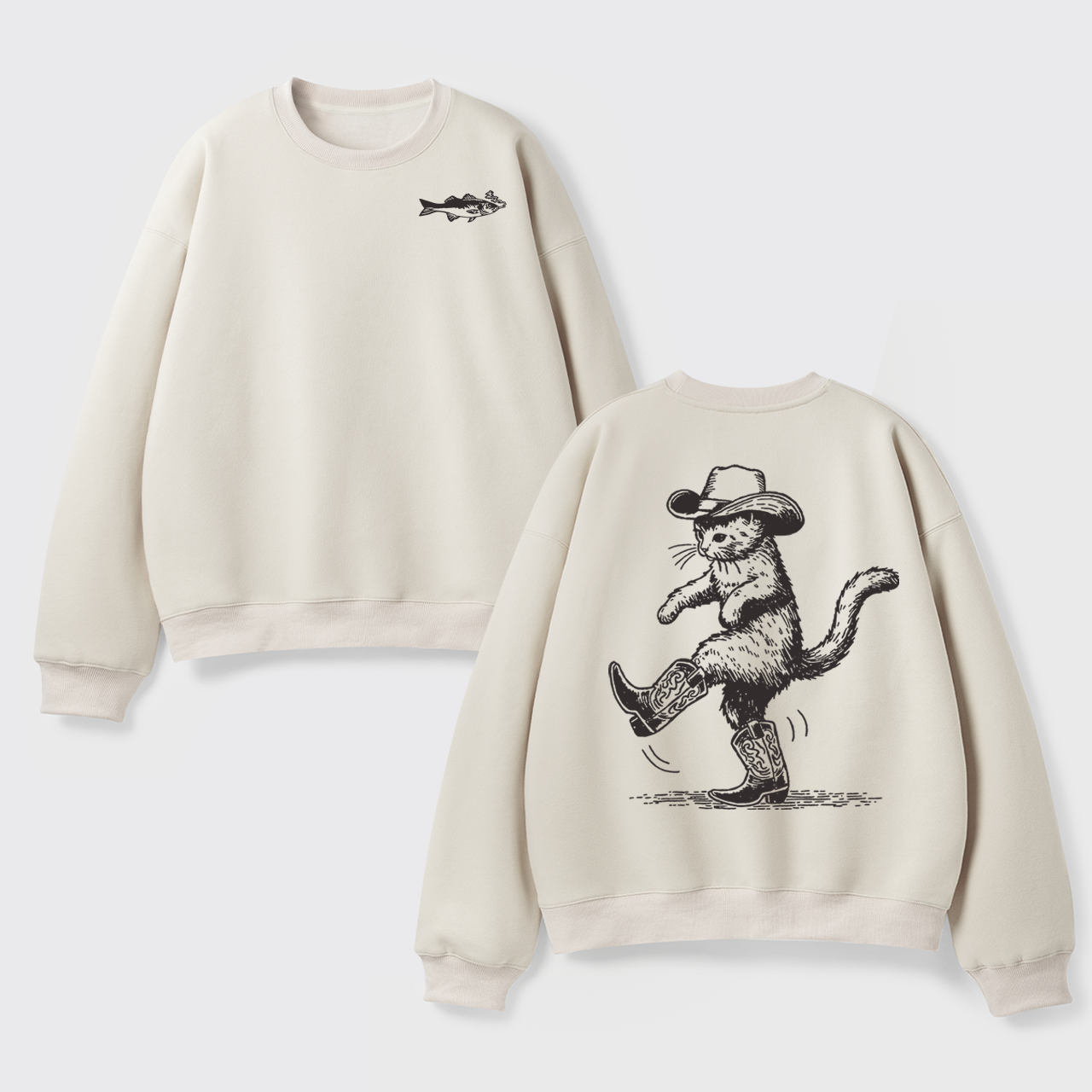 Fleece Cowboy Cat Looking for Fish Sweatshirt