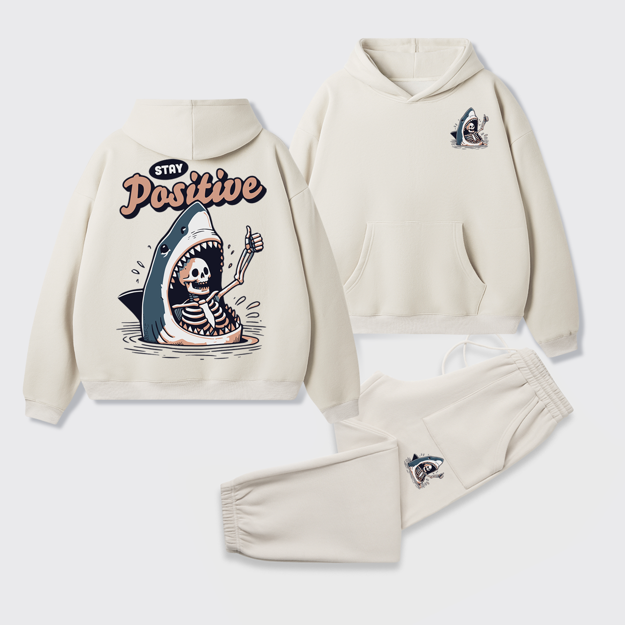 Fleece Stay Positive Funny Shark and Skeleton Hoodie Set