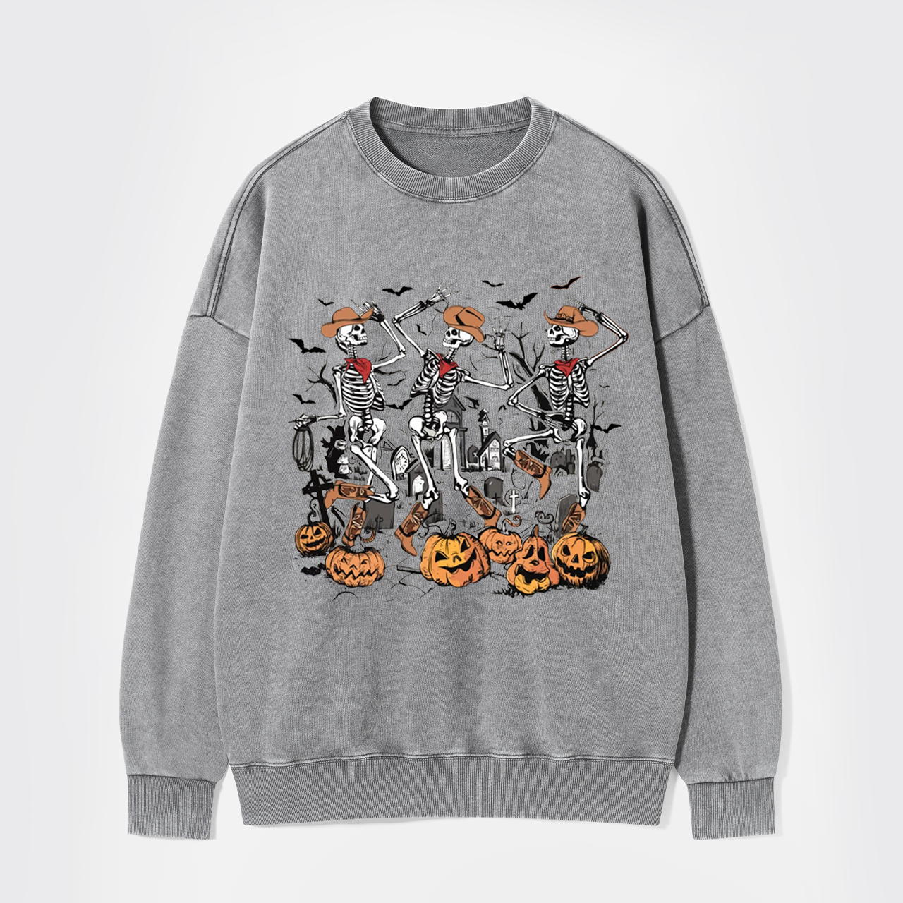 Retro Halloween Skeleton Cowboy Washed Sweatshirts