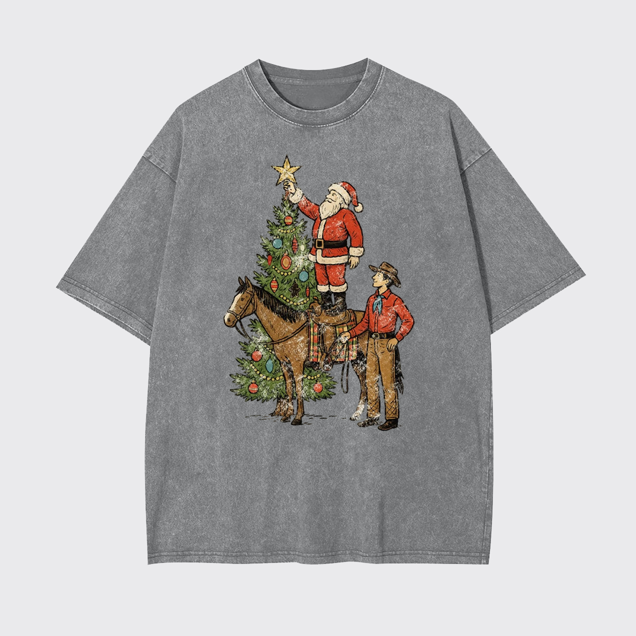 Vintage Santa and Cowboy Christmas Tree Garment-dye Tees