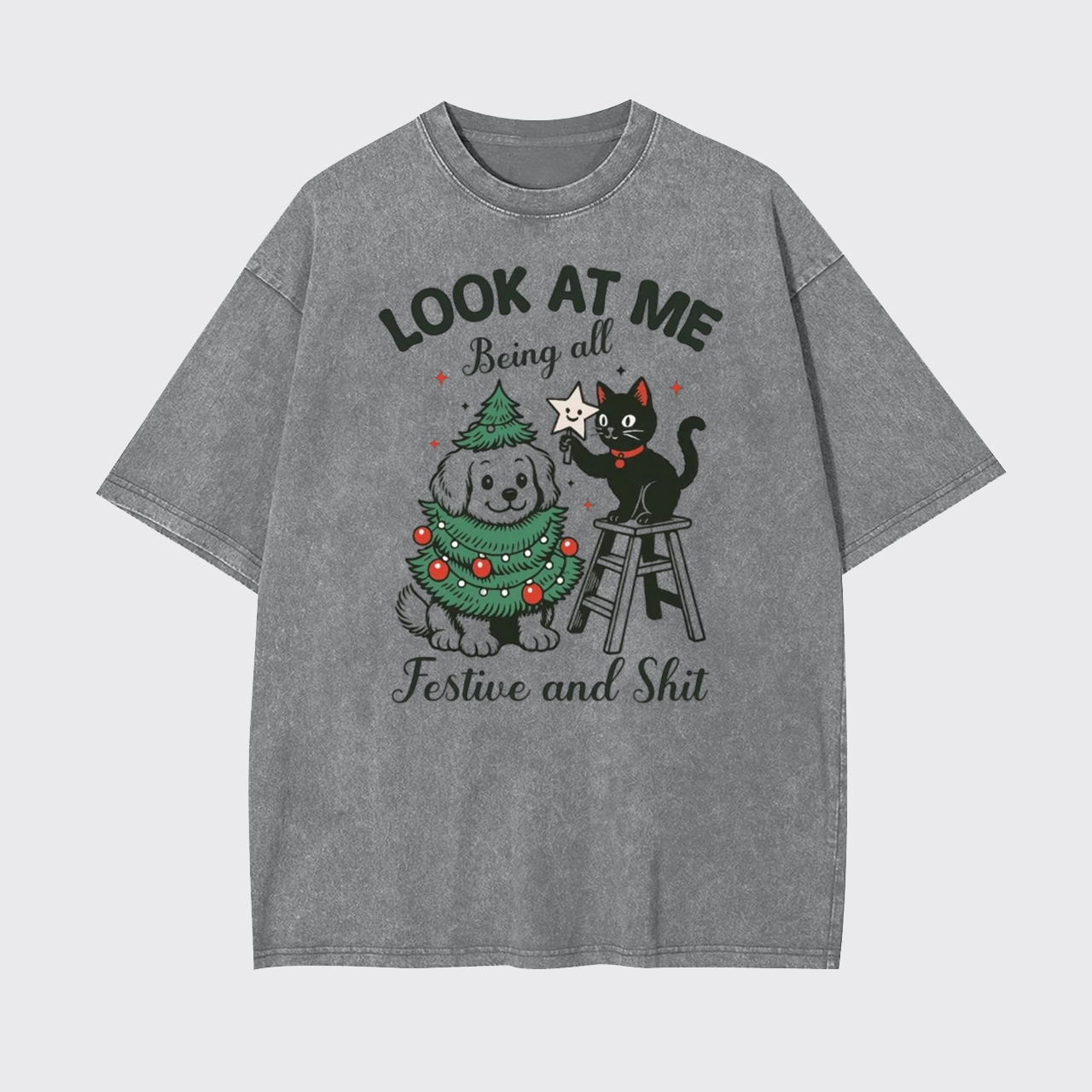 Look At Me Black Cat Christmas Garment-dye Tees
