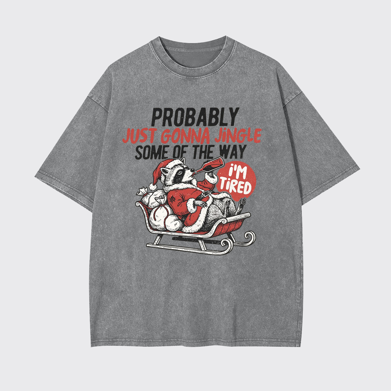 Humorous Christmas Tired Raccoon Garment-dye Tees