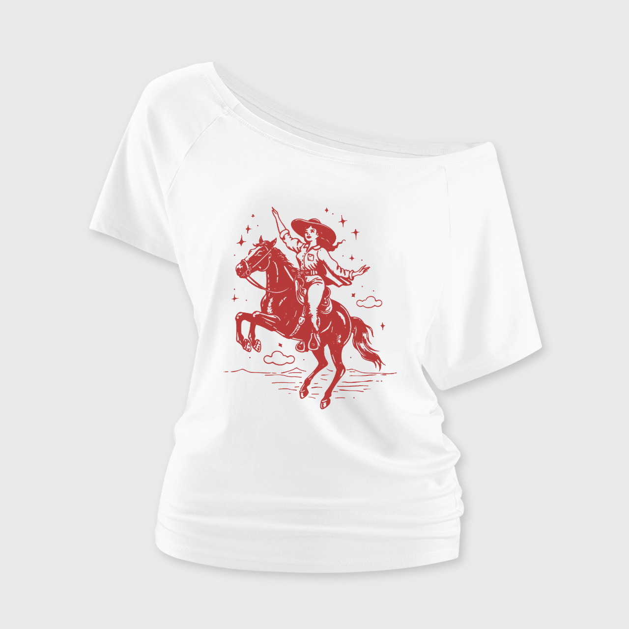 Rodeo Cowgirl Riding Horse Off Shoulder Top