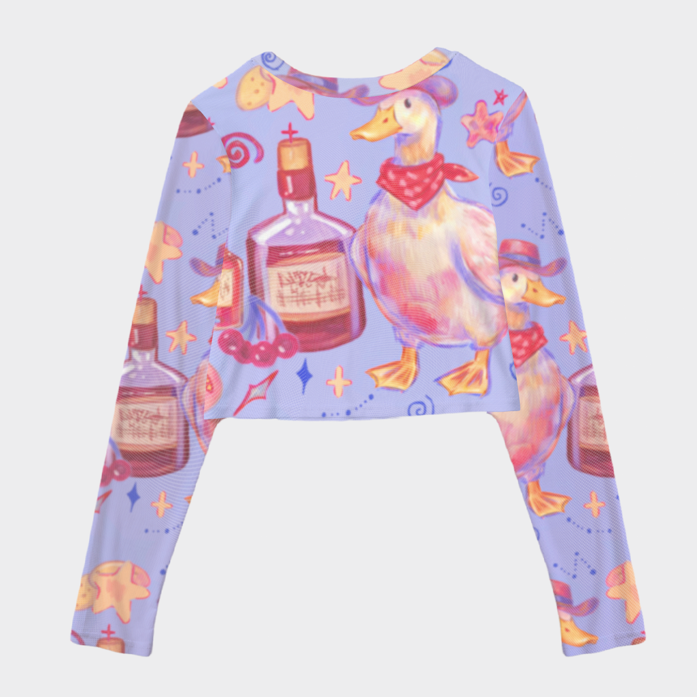 Fun Goose And Wine Bottle Print Mesh Crop Long Sleeves