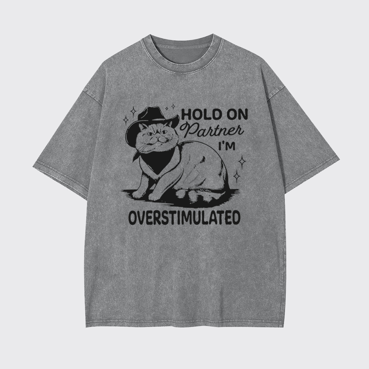 Funny Sarcastic Cat 90s Hold On Partner I'm Overstimulated Garment-dye Tees