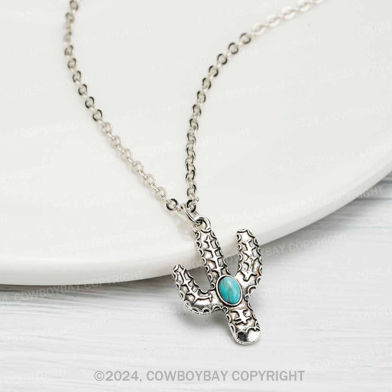 Vintage Alloy Turquoise Cactus Necklace