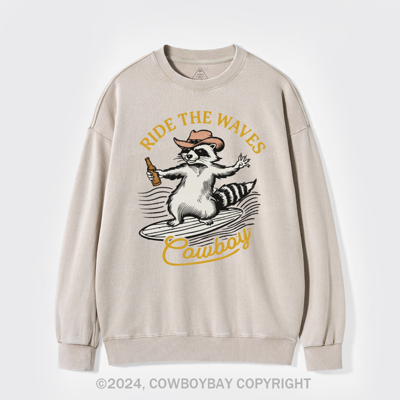 Surfing Cowboy Raccoon With Beer Washed Sweatshirts