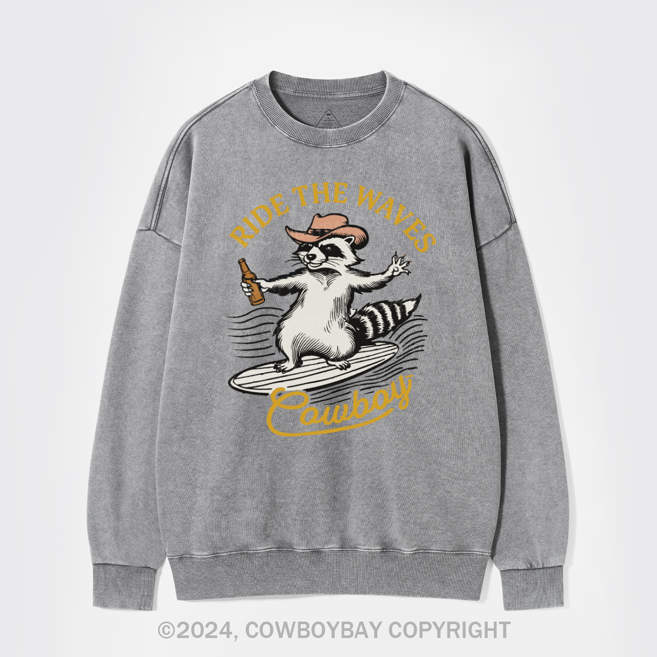 Surfing Cowboy Raccoon With Beer Washed Sweatshirts