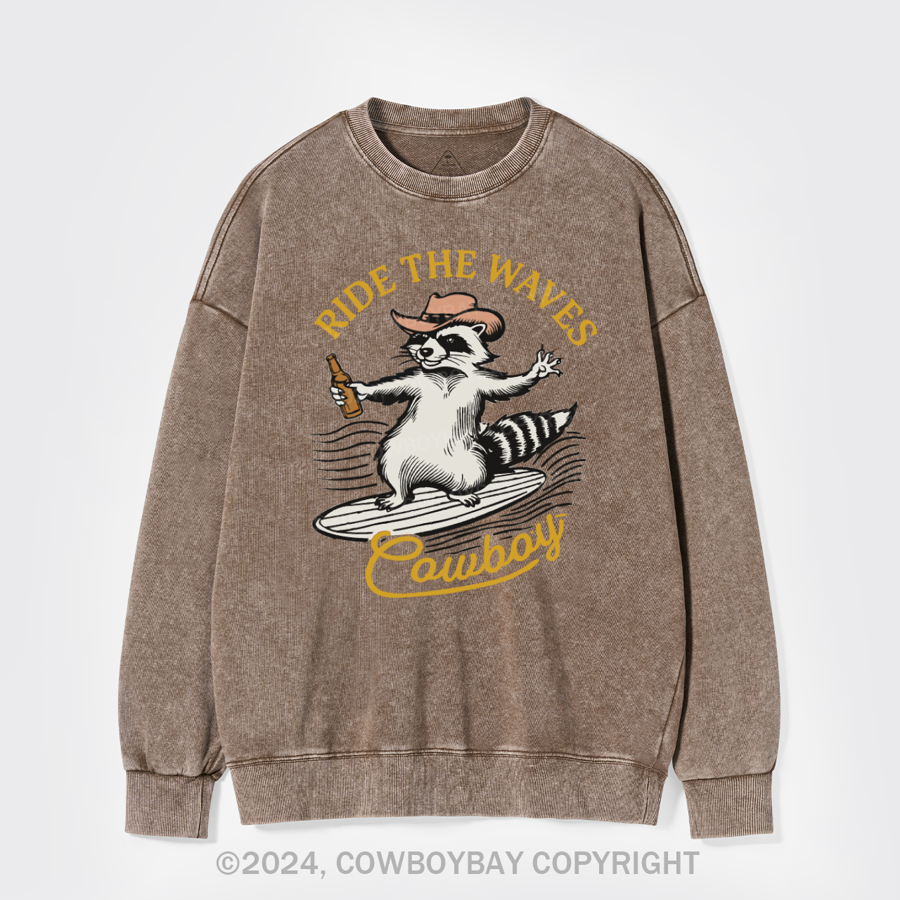 Surfing Cowboy Raccoon With Beer Washed Sweatshirts