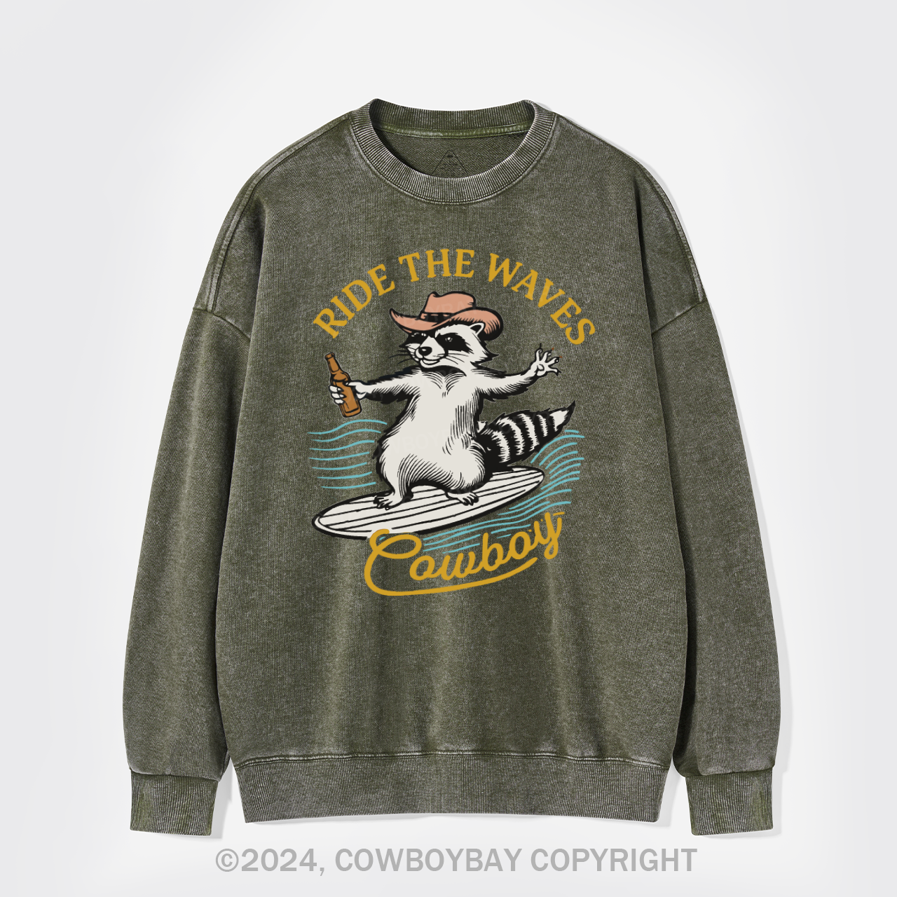 Surfing Cowboy Raccoon With Beer Washed Sweatshirts