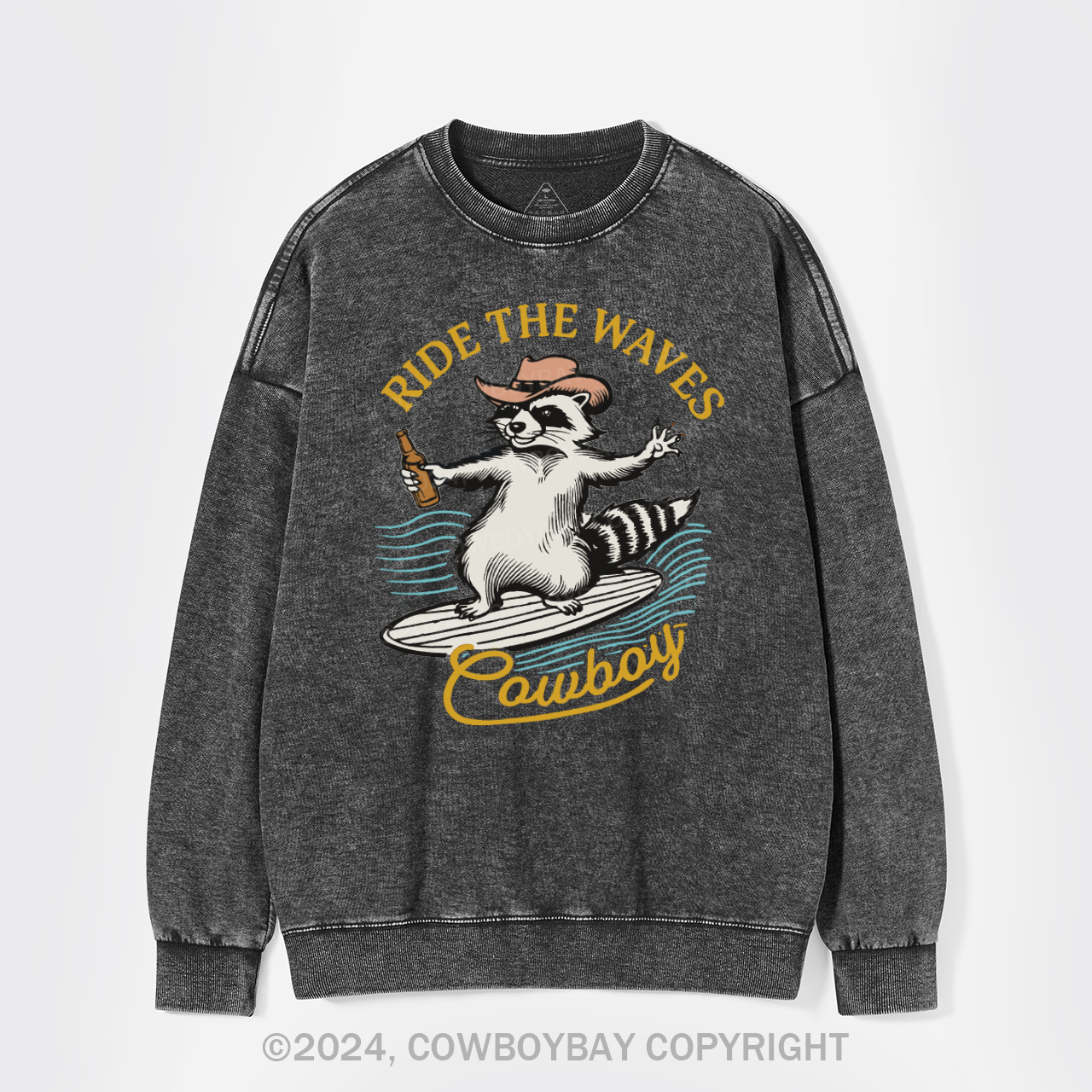 Surfing Cowboy Raccoon With Beer Washed Sweatshirts