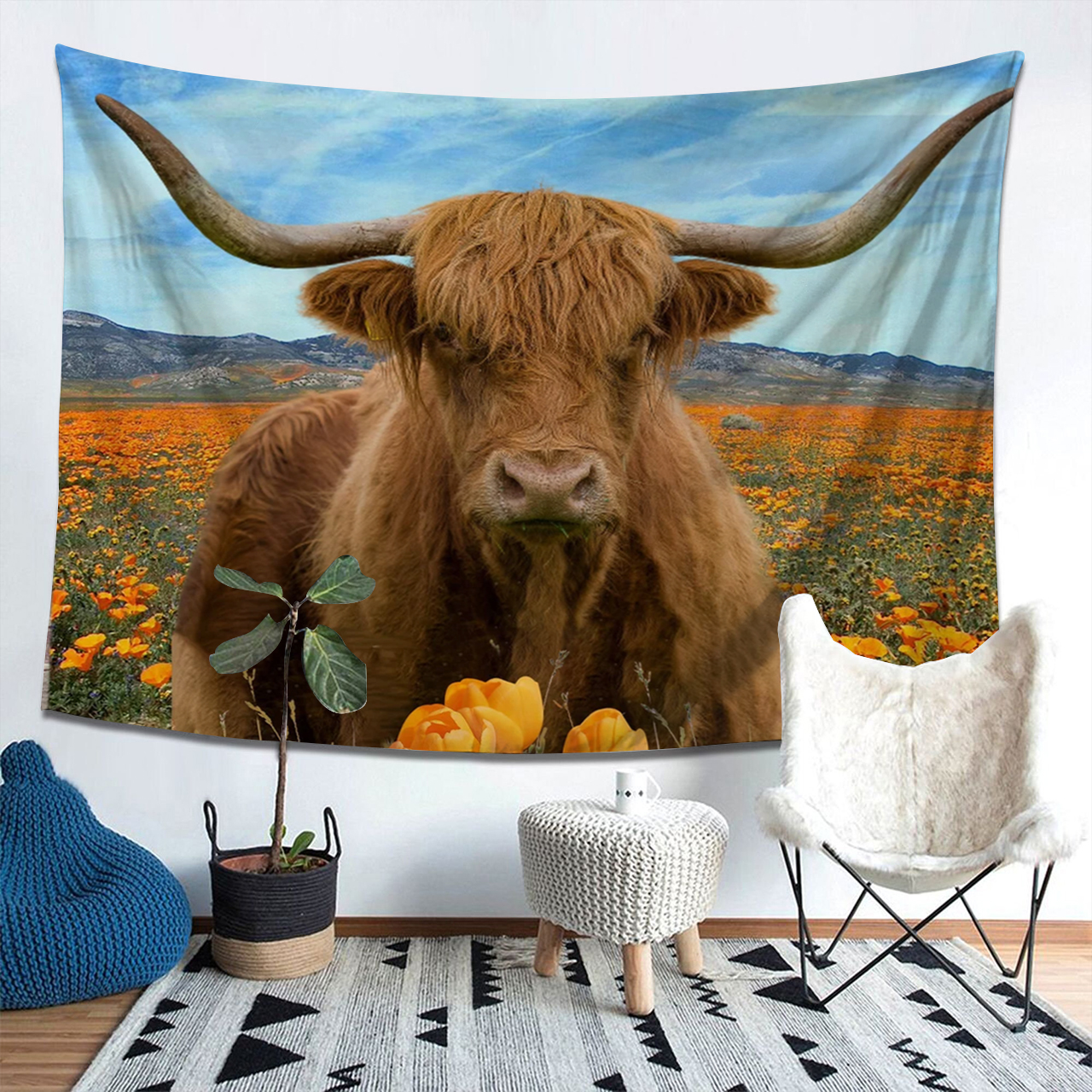 Highland Cow Western Farm Tapestry