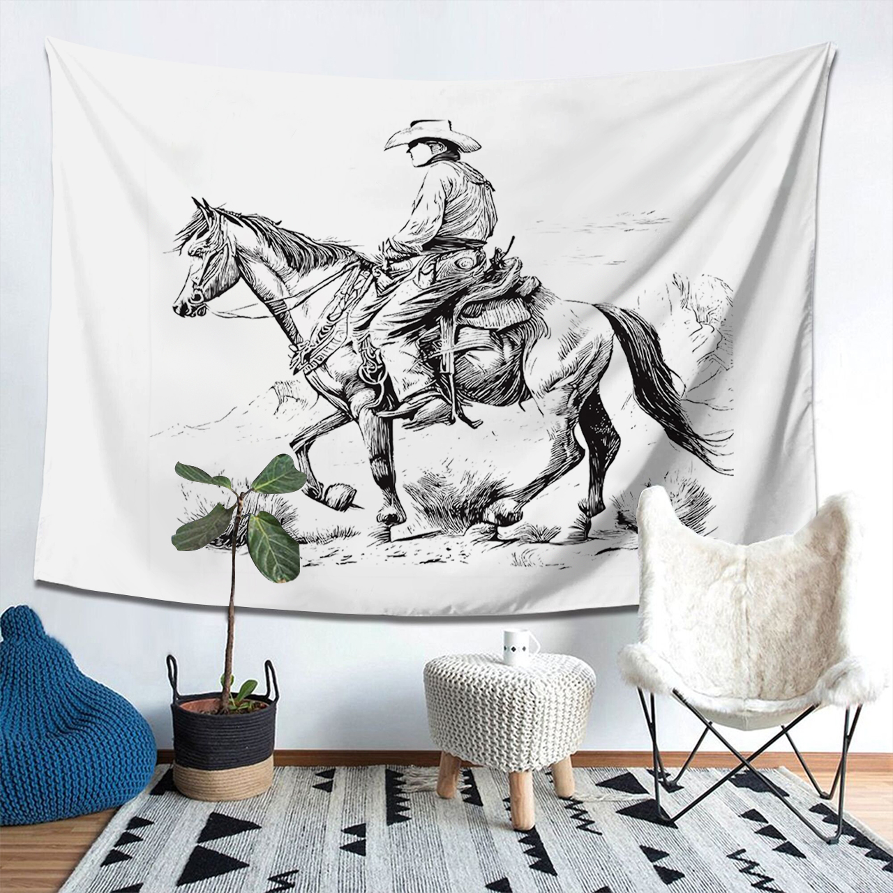 Cowboy Sketch Portrait Tapestry