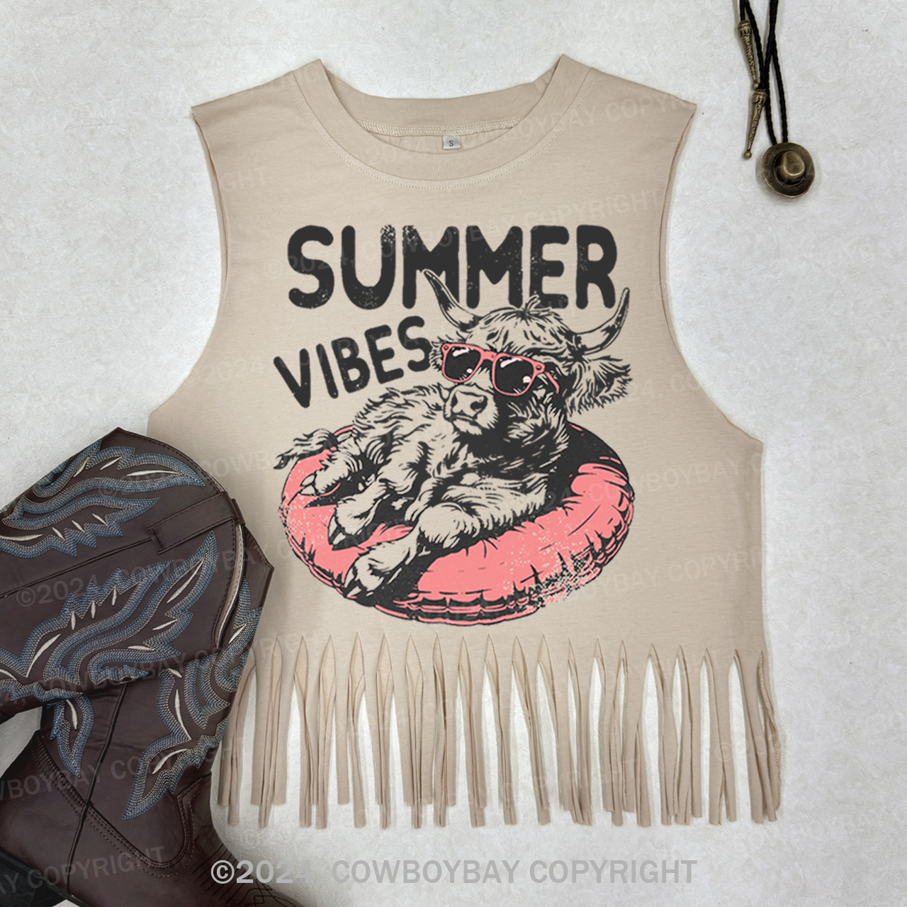Summer Vibes With Highland Cow Fringe Tank