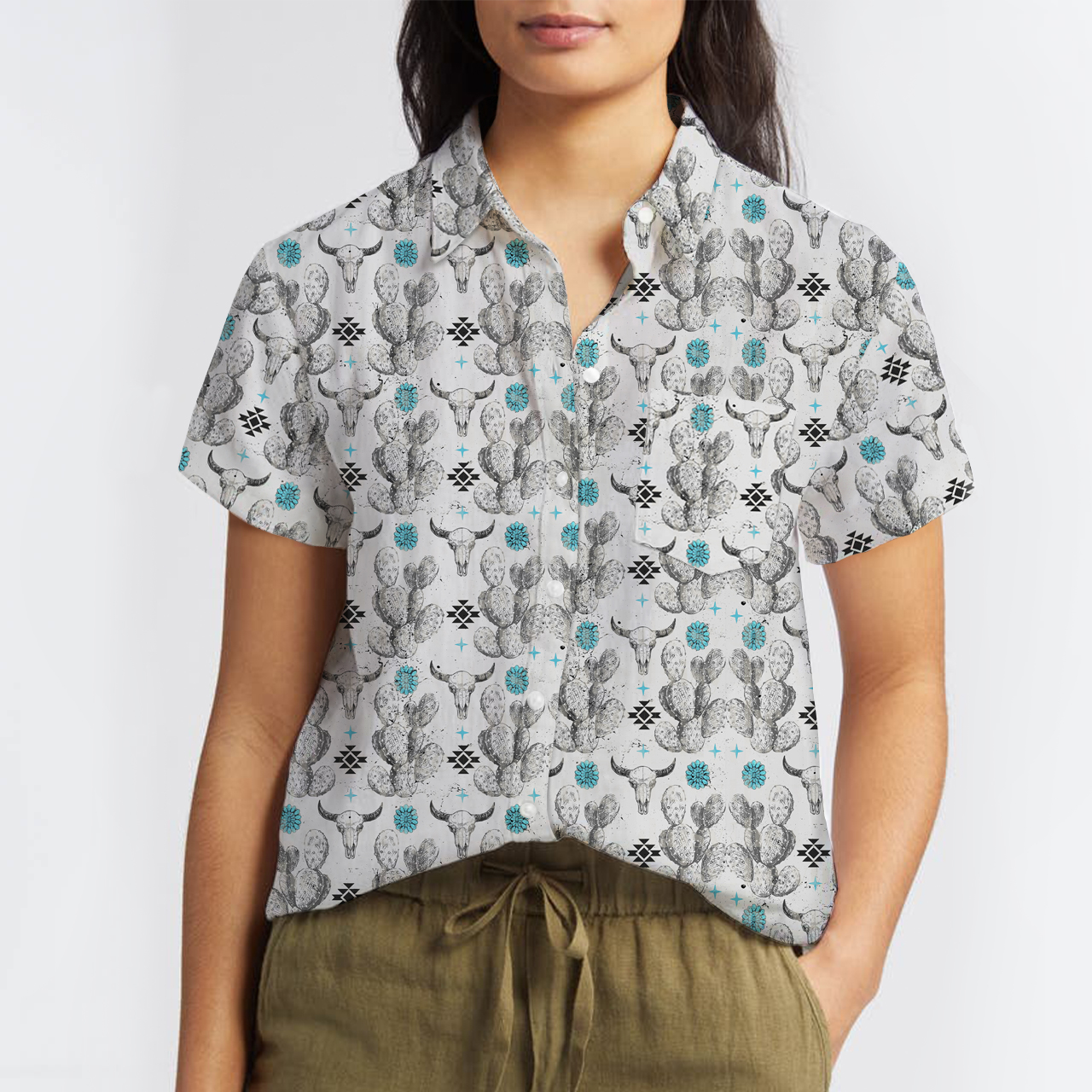 Aztec Cow Skull Button Up Shirts