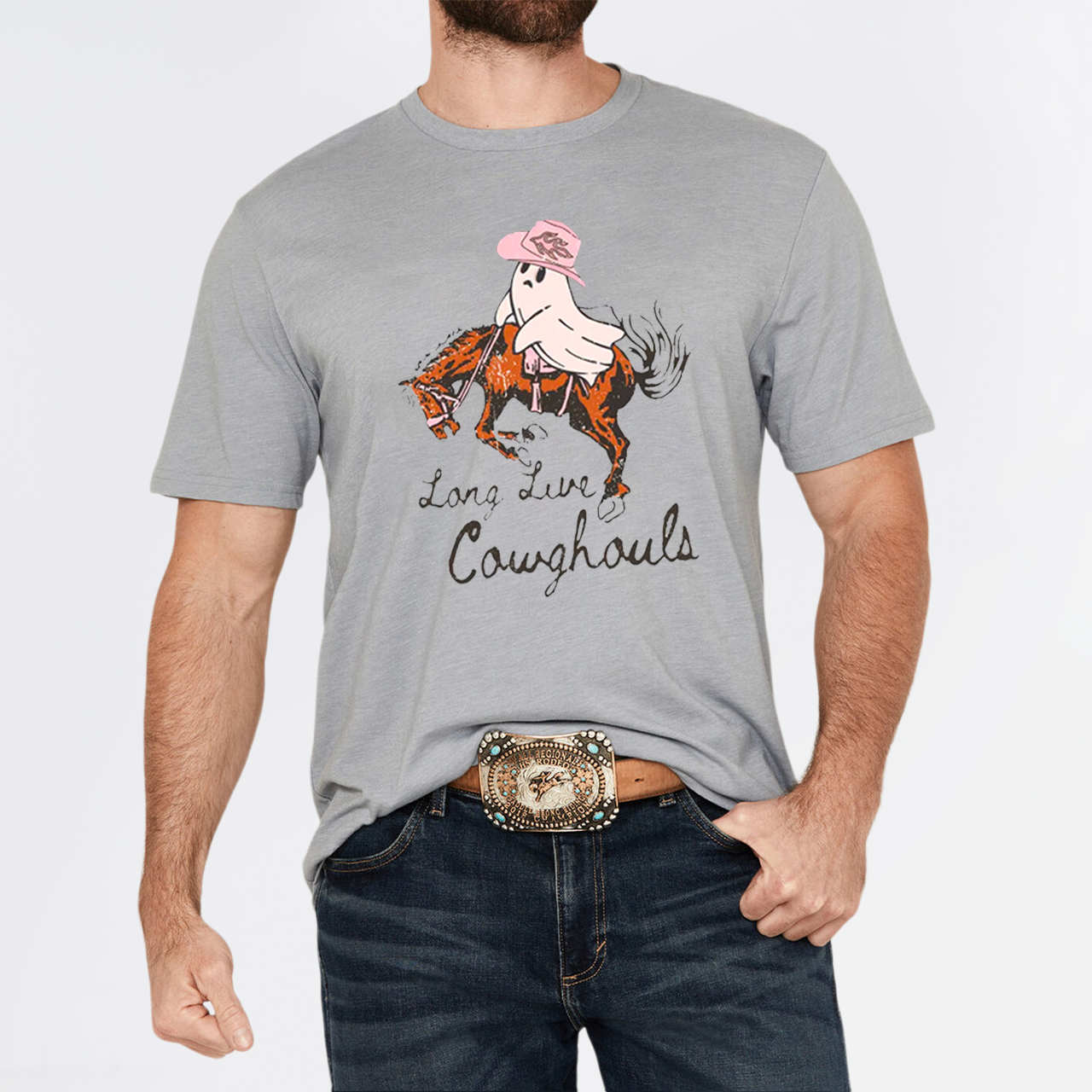 Lady Halloween ghost galloping on horseback T-Shirts
