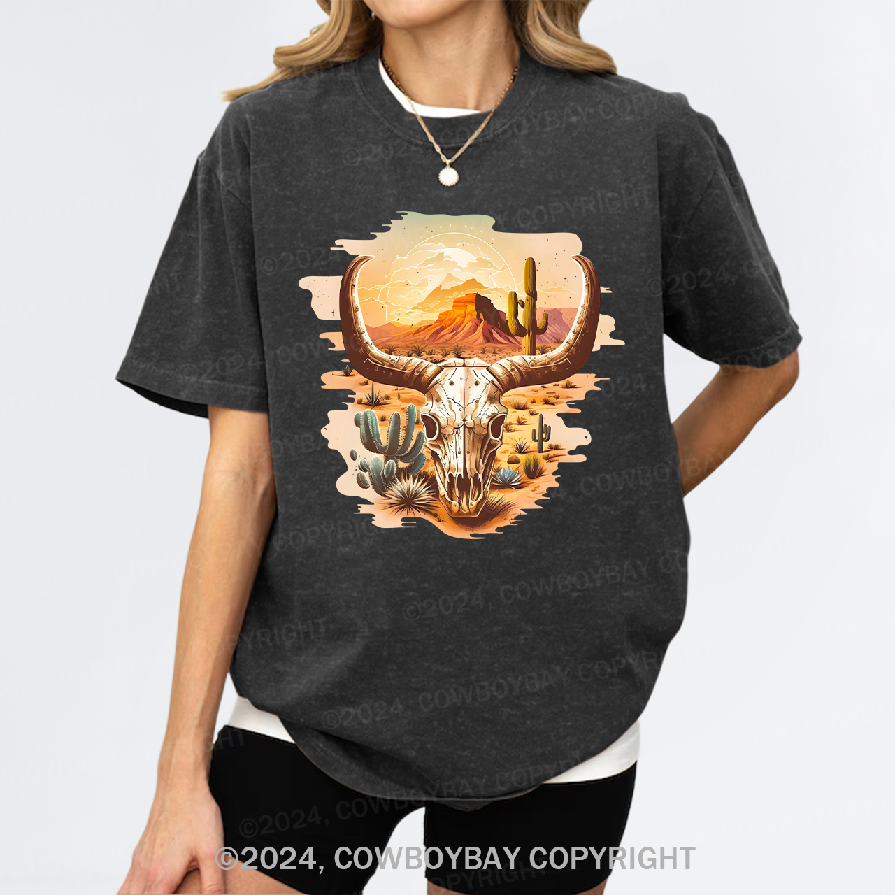 Cow Skull Western Desert Cowboy Garment-dye Tees