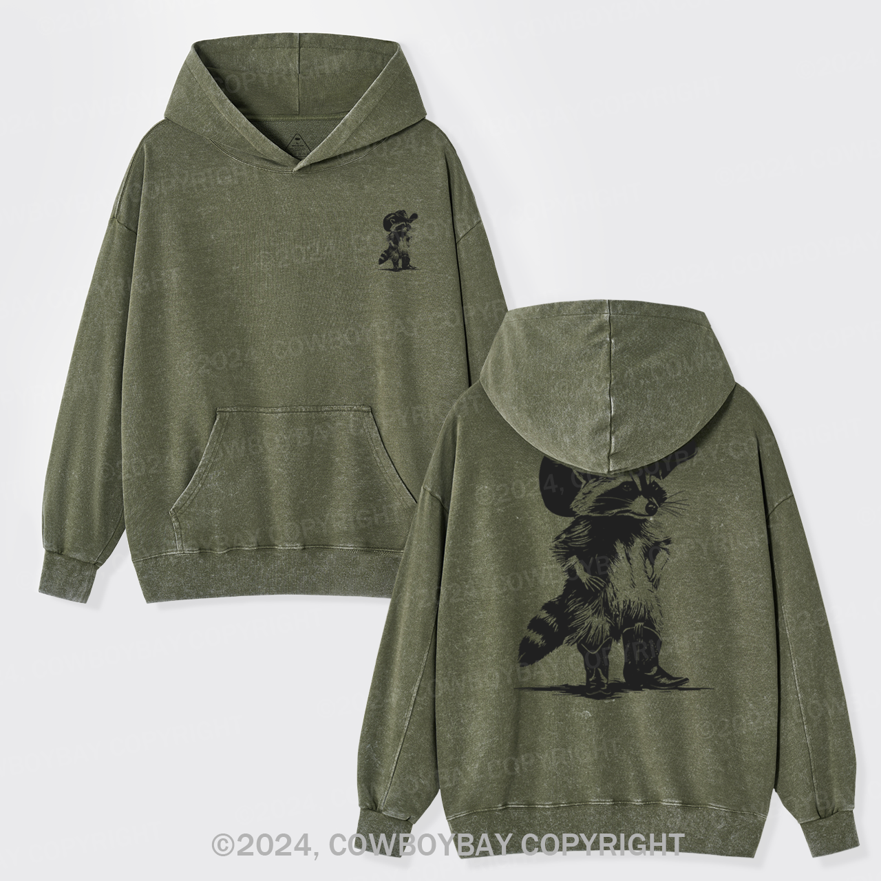 Western Vintage Cowboy Racoon Garment-Dye Hoodies