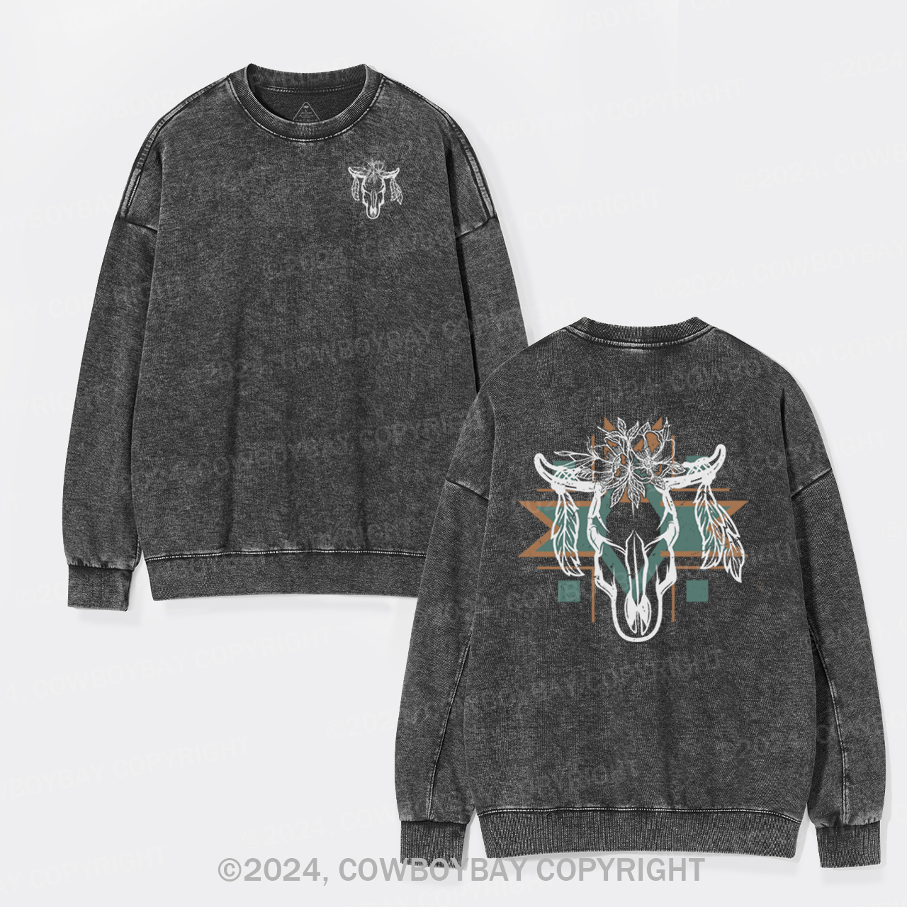 Aztec Cow Skull Washed Sweatshirts
