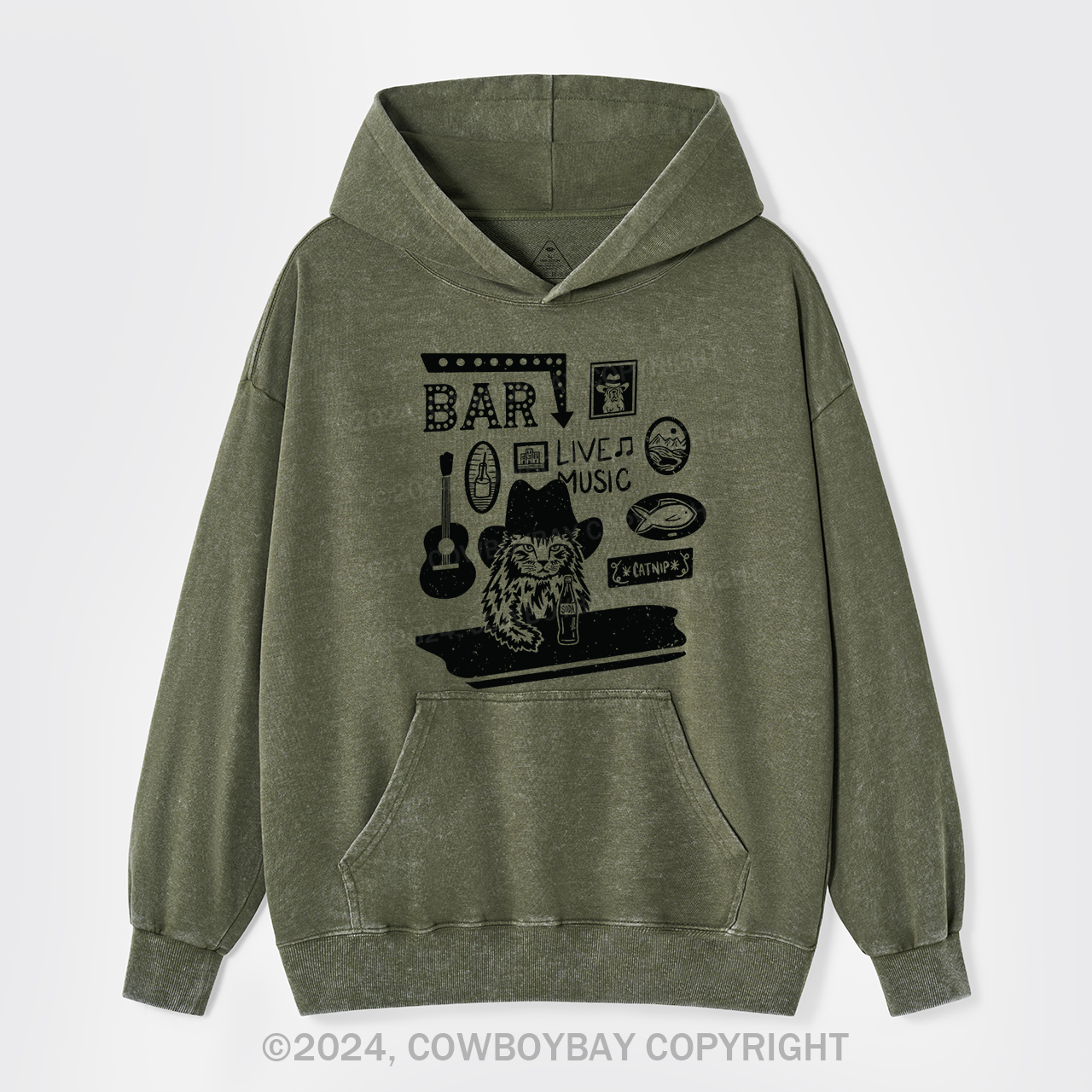 Cat with A Cowboy Hat In A Country Bar Garment-Dye Hoodies