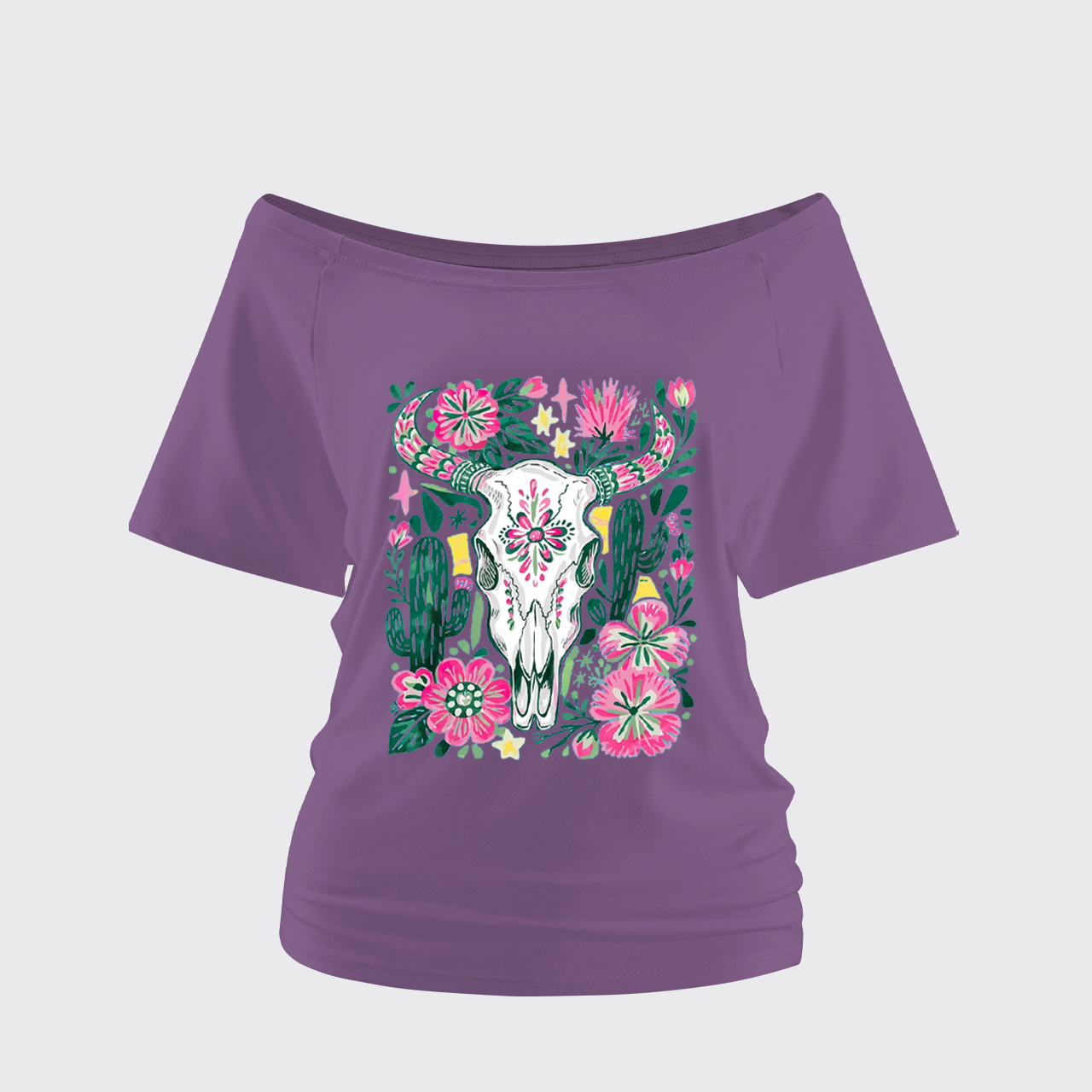 Western Floral Cow Skull Off Shoulder Top