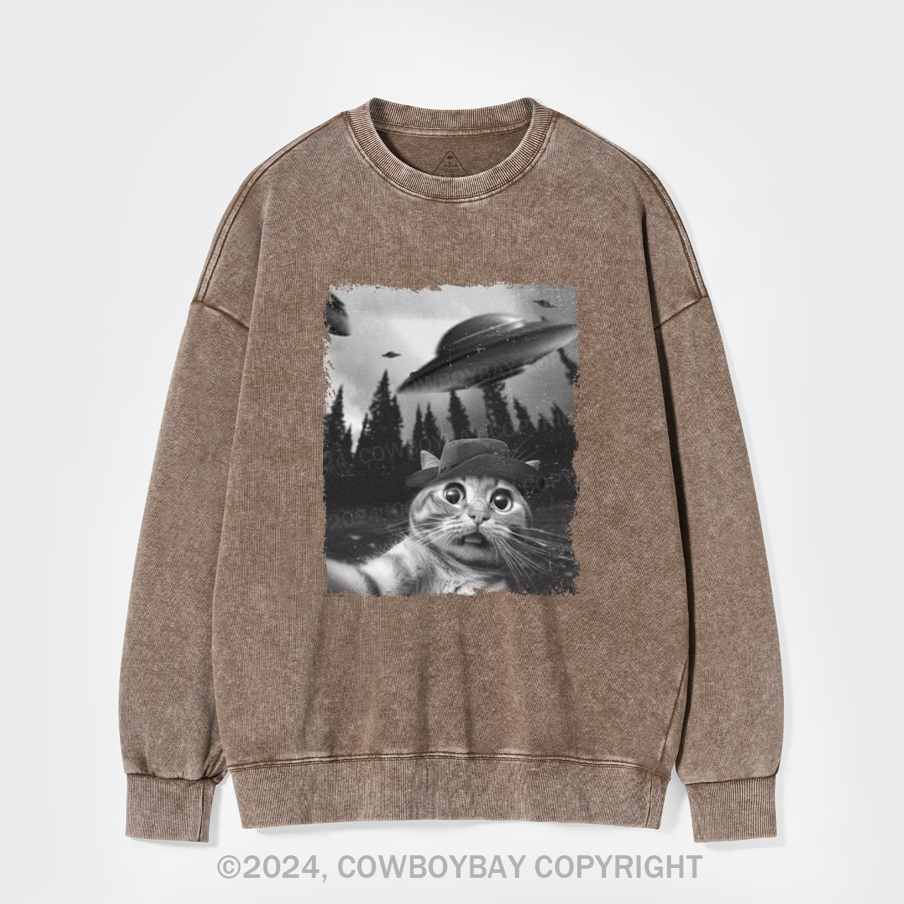 Funny Cat Selfie With UFOs Washed Sweatshirts