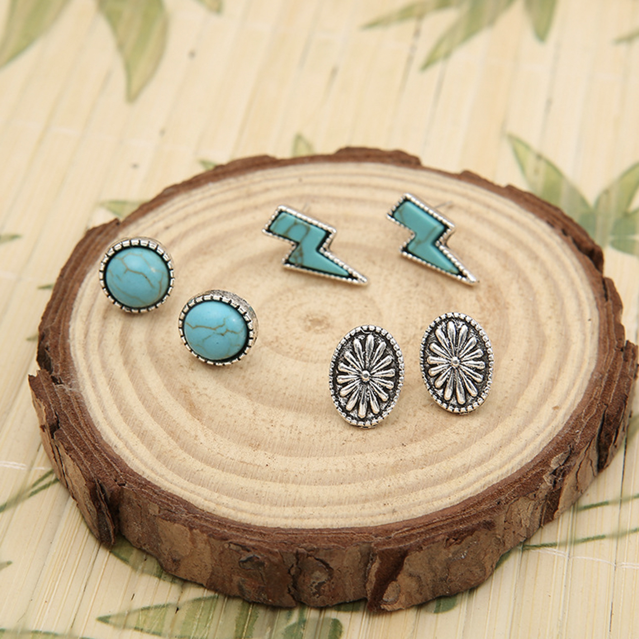 Bohemian Lightning Pumpkin Flower Turquoise Three-Piece Earring Set