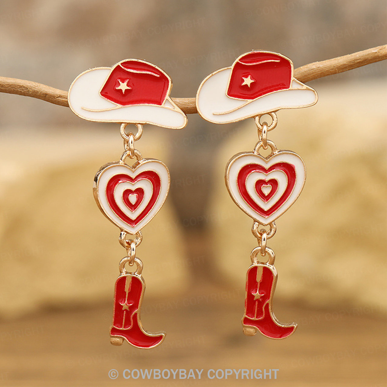 Cute Western Cowboy Hat Boots Red Earrings
