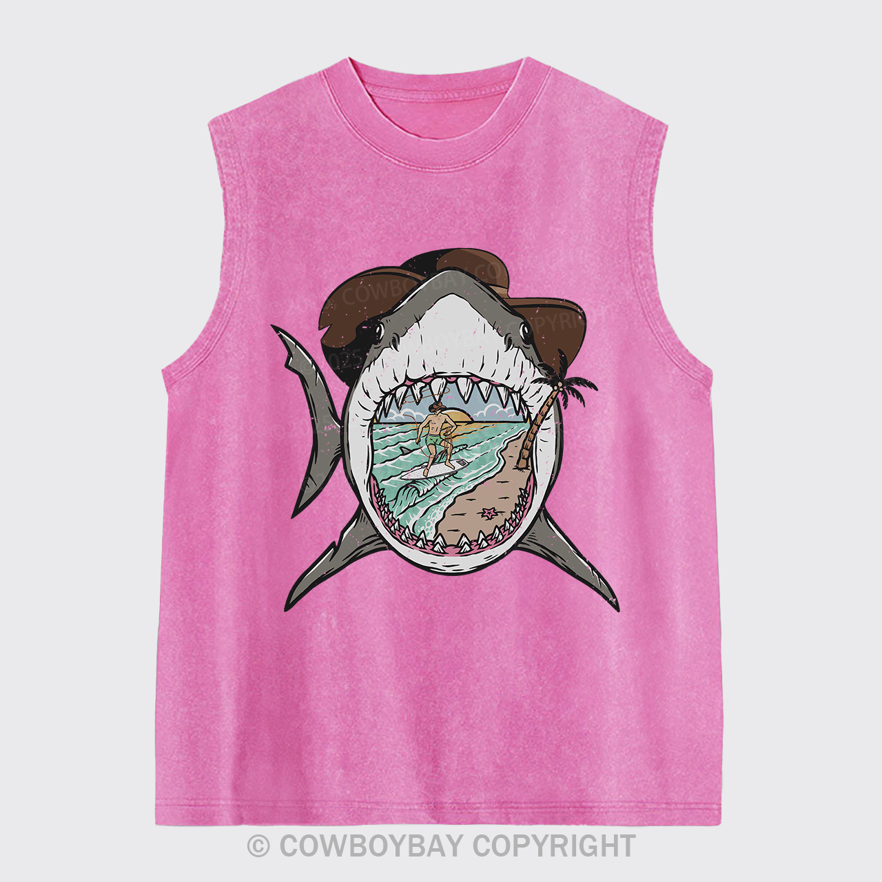 Surfing Shark Cowboy Washed Tanks