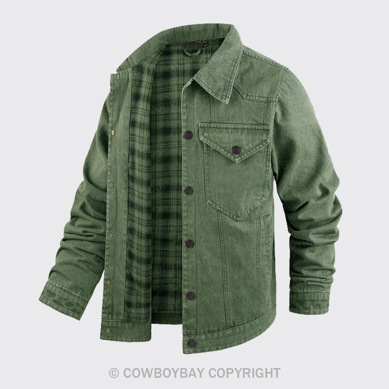 Western Plaid Green Flannel Denim Jacket