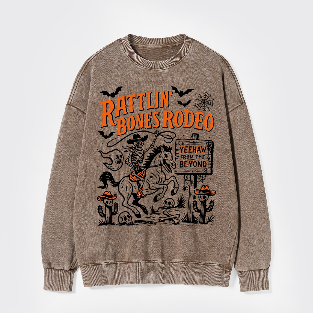 Rattlin' Bones Rodeo Skeleton Cowboy Halloween Washed Sweatshirts