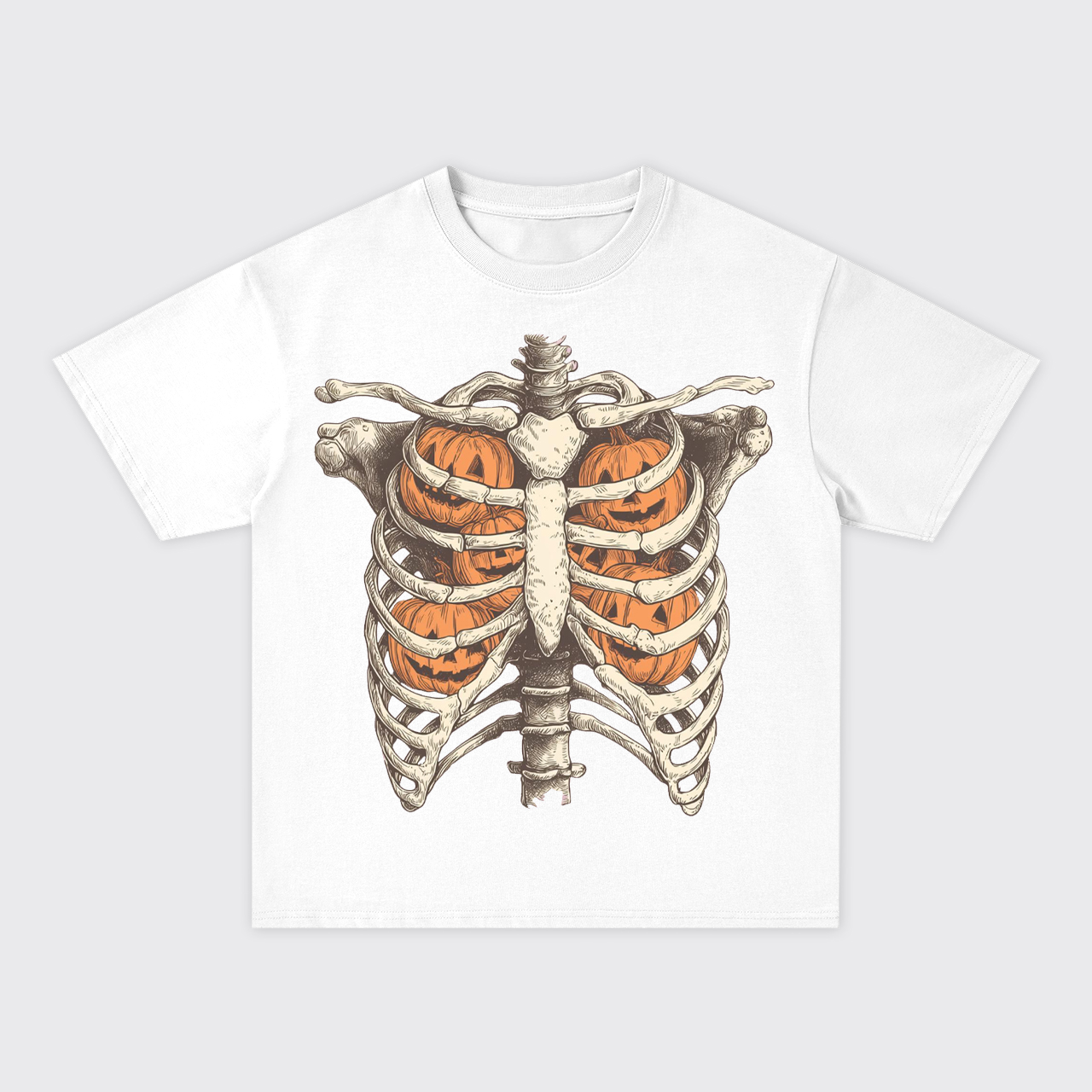 Retro Ribcage Pumpkin Halloween Skeleton Oversize T-Shirts