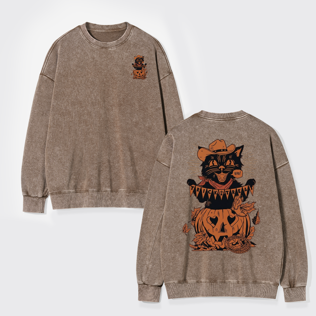 Trick Or Treat Halloween Black Cat Washed Sweatshirts