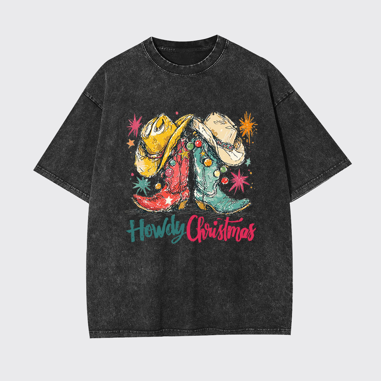 Howdy Christmas Western Cowboy Boot Garment-dye Tees