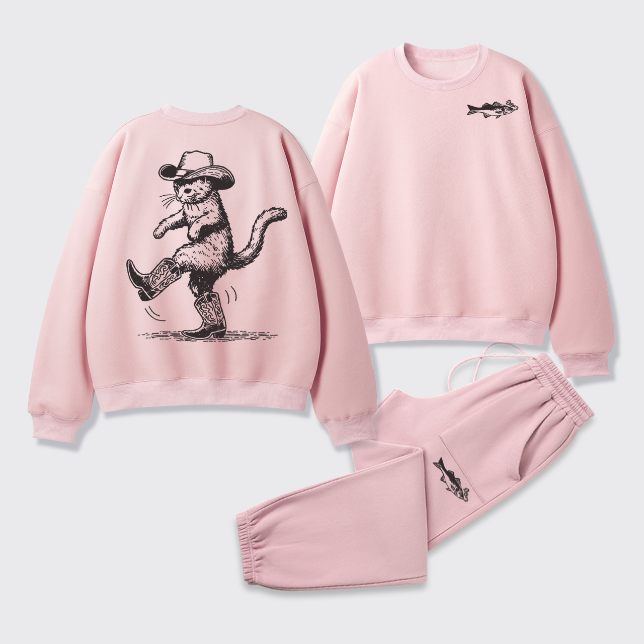 Fleece Cowboy Cat Looking for Fish Sweatshirt Set