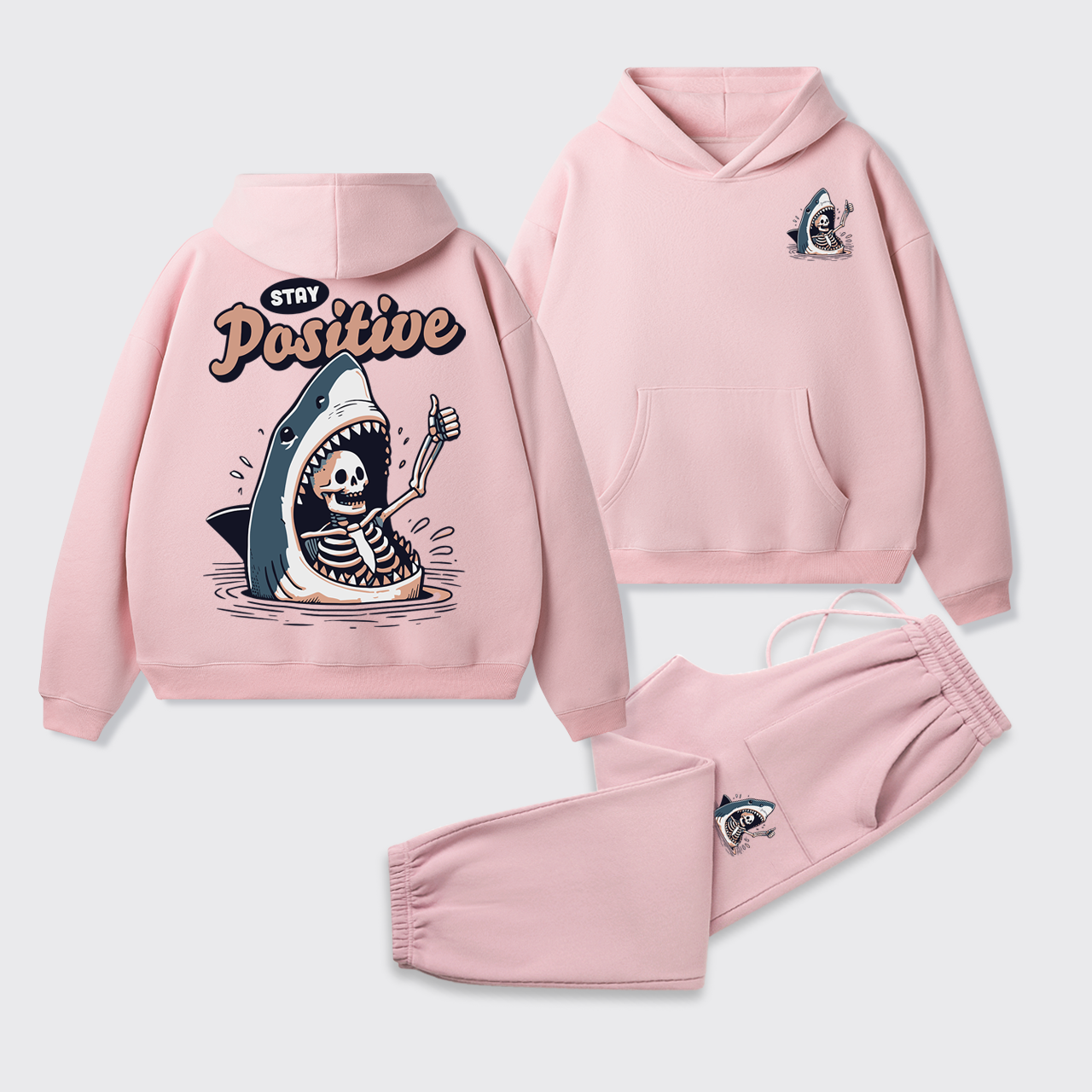 Fleece Stay Positive Funny Shark and Skeleton Hoodie Set