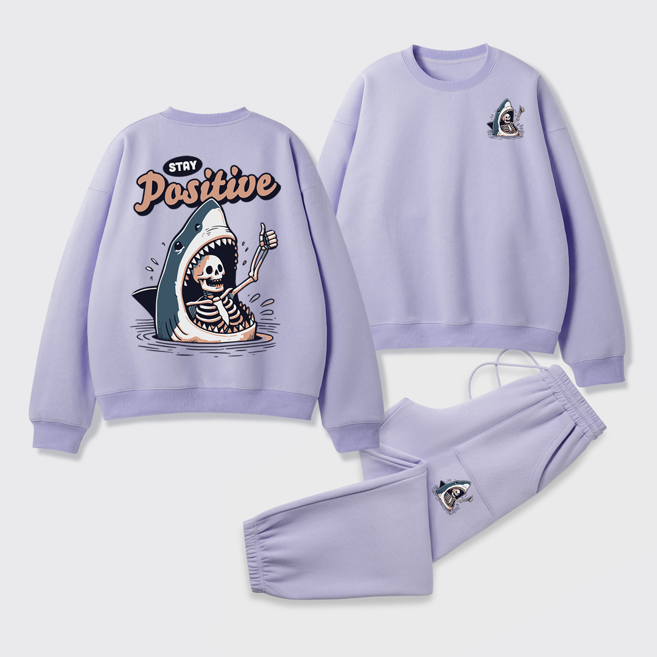 Fleece Stay Positive Funny Shark and Skeleton Sweatshirt Set