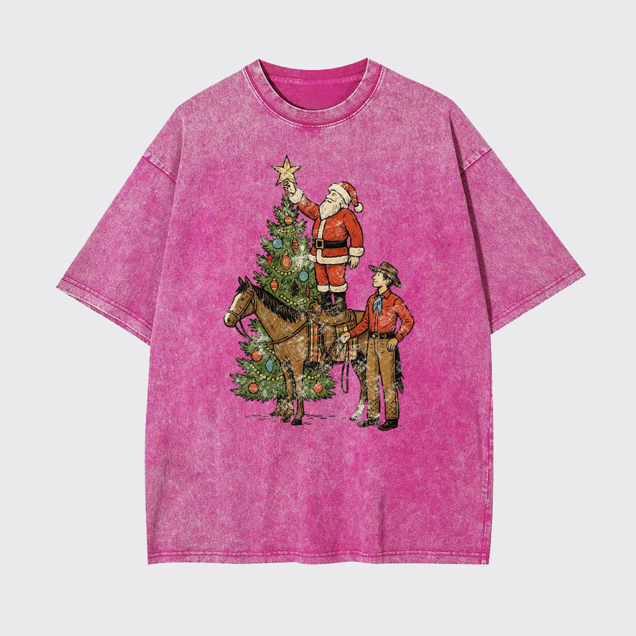 Vintage Santa and Cowboy Christmas Tree Garment-dye Tees