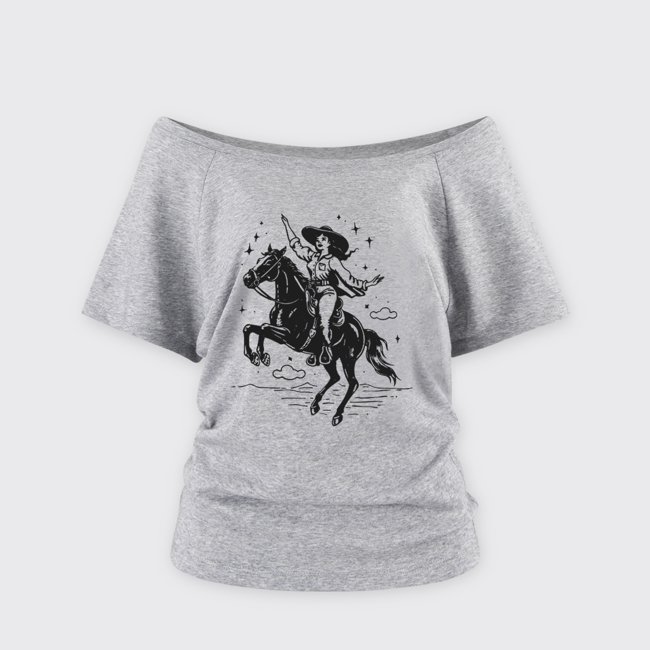 Rodeo Cowgirl Riding Horse Off Shoulder Top