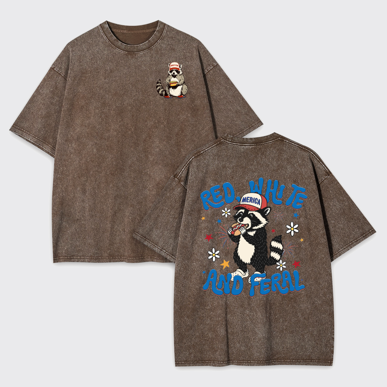 Funny Raccoon-Red White And Feral Garment-dye Tees