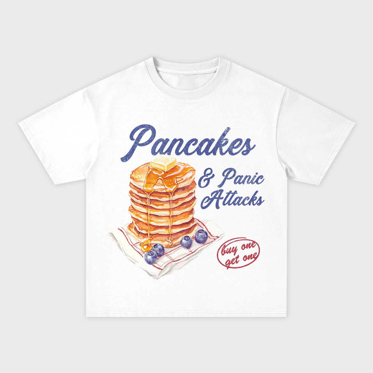 Humorous Retro-Pancakes And Panic Oversize T-Shirts