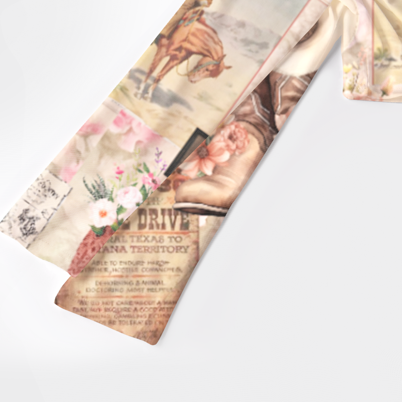 Retro Western Element Collage Print Mesh Crop Long Sleeves