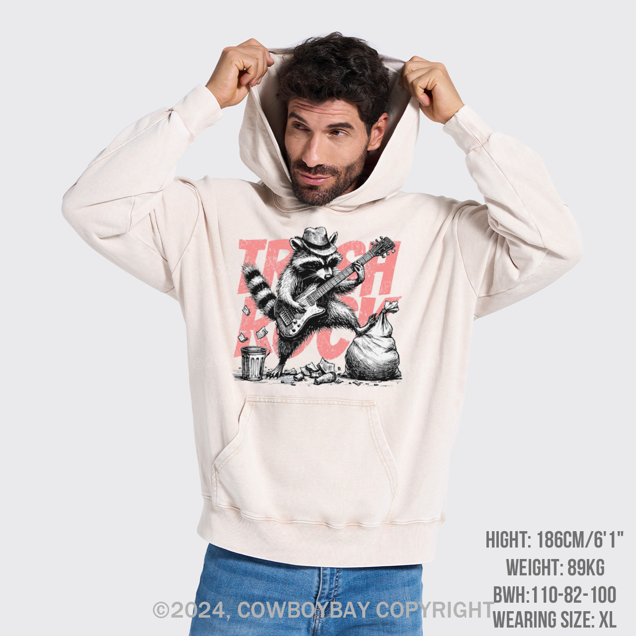 Raccoon Playing Guitar Retro Garment-Dye Hoodies