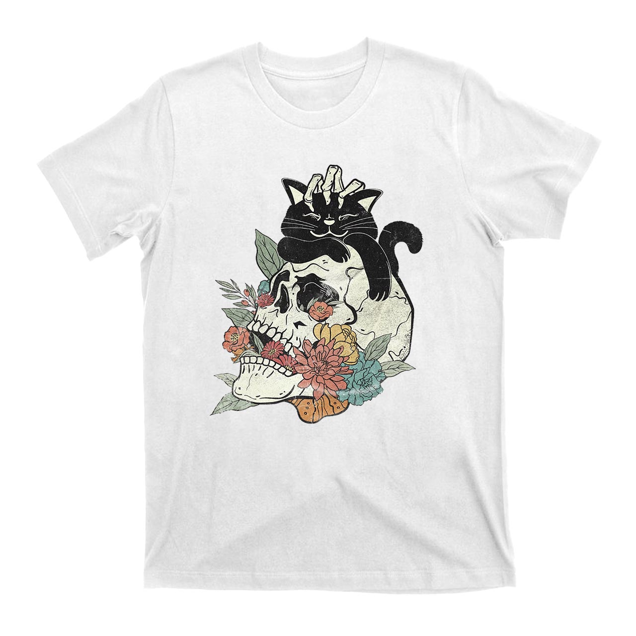 Black Cat On Flower Skull Fall Halloween T-Shirts