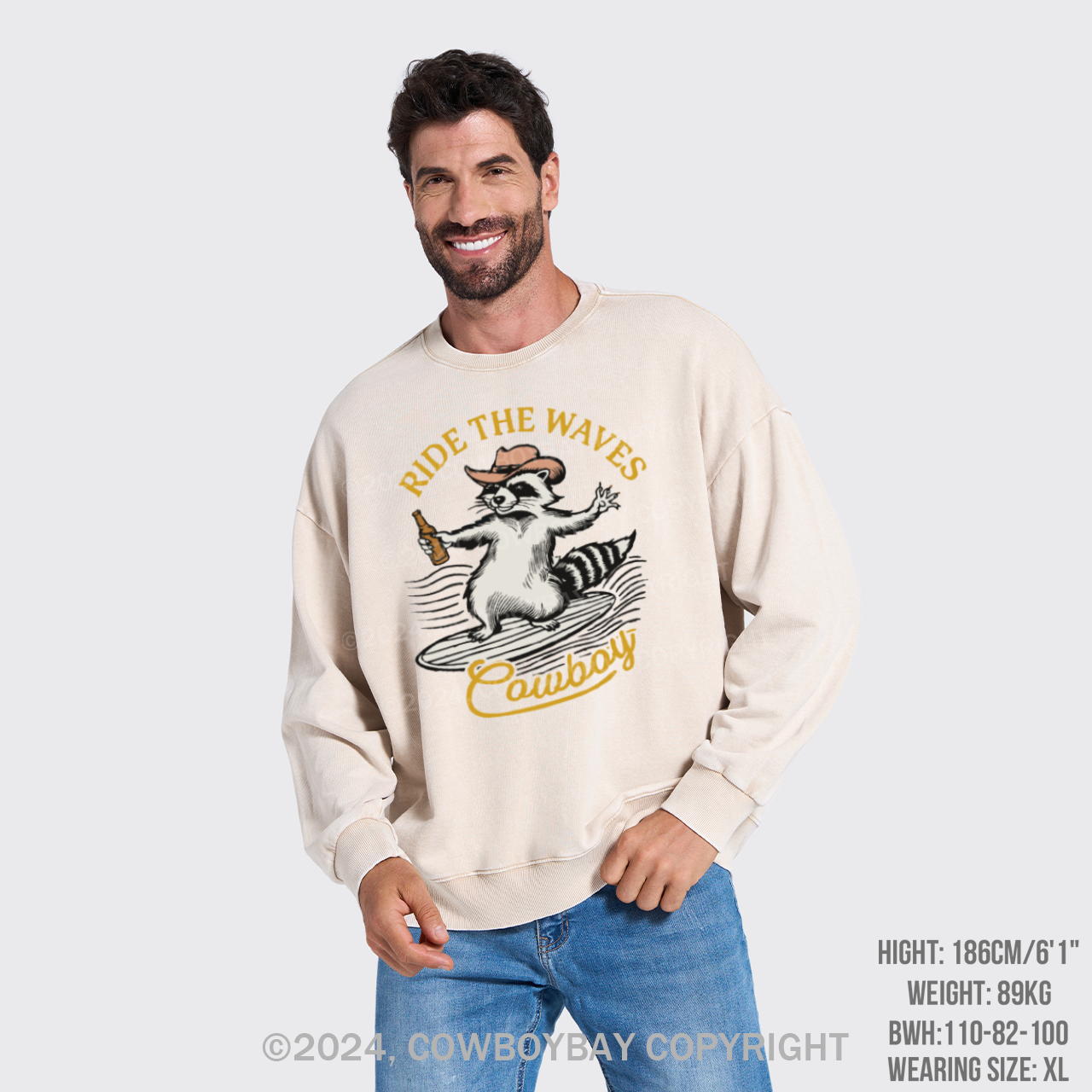 Surfing Cowboy Raccoon With Beer Washed Sweatshirts