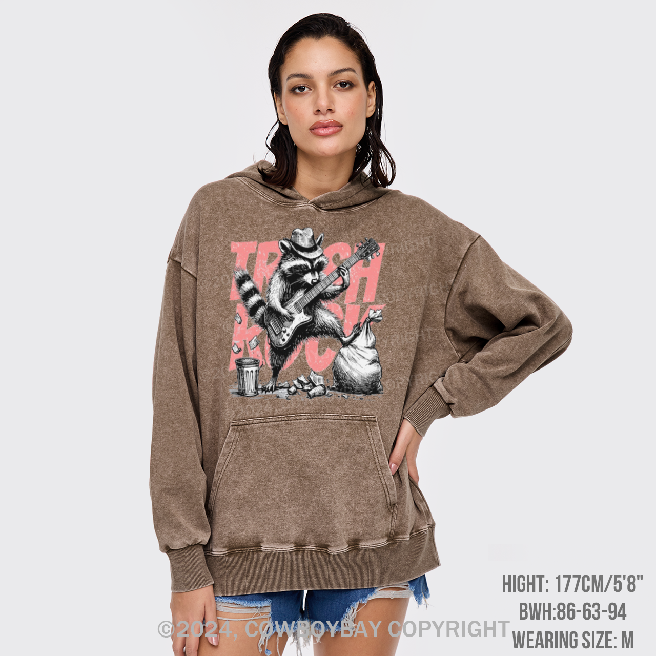 Raccoon Playing Guitar Retro Garment-Dye Hoodies